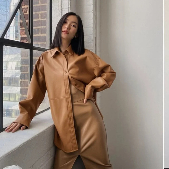 Aritzia Babaton Pelli Faux Leather Vegan Shirt Jacket Cognac Brown Size Large - Picture 3 of 8